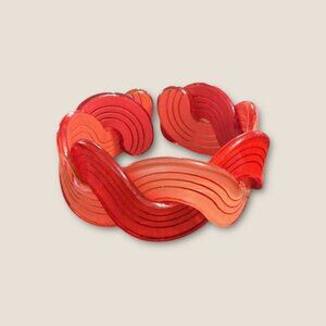 Vintage Retro Lucite Red & Orange Wave Pattern Open Cuff Bracelet 2.5 Inches Dia